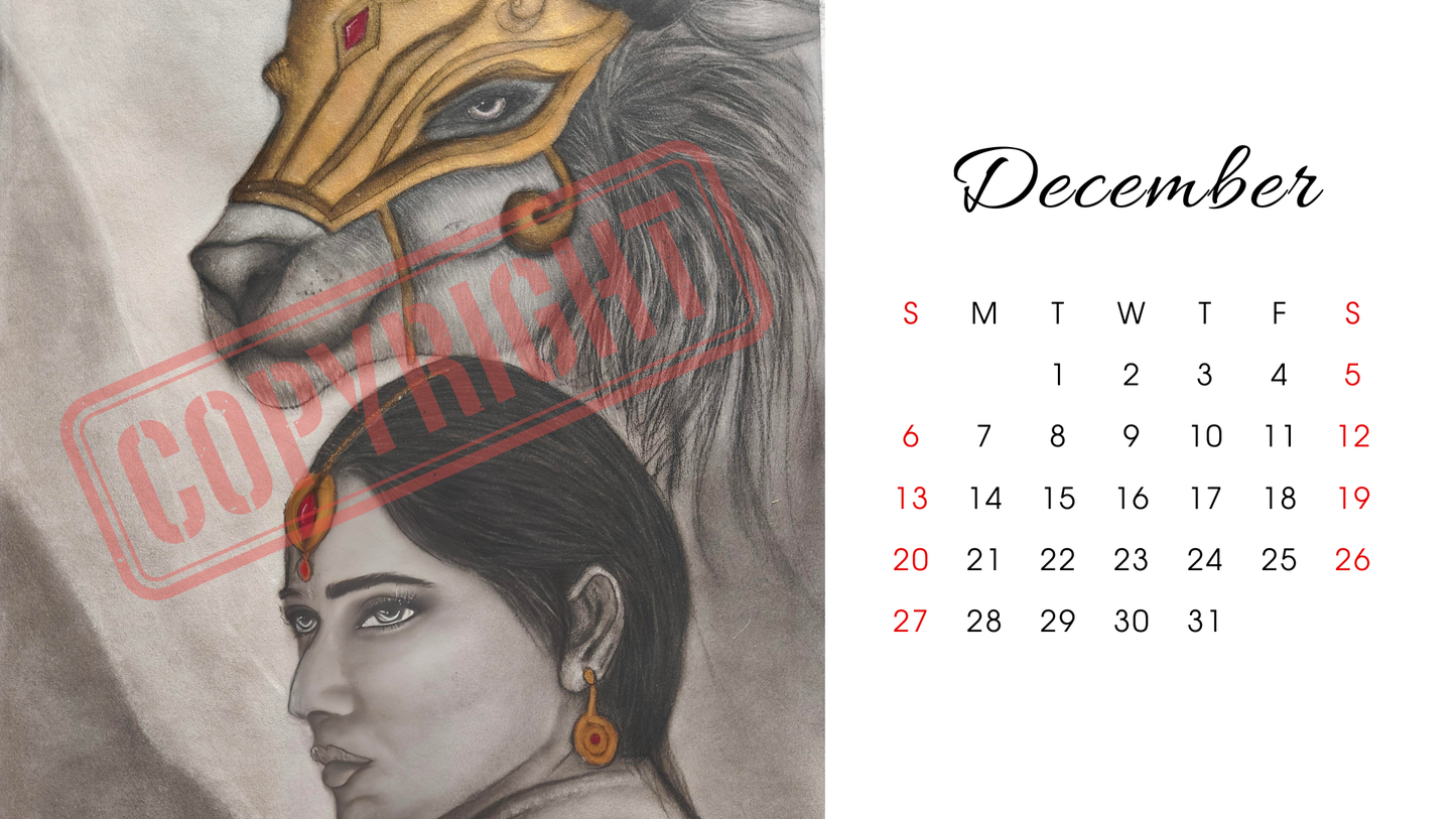 Printable Desk Calendar: Charcoal original artwork