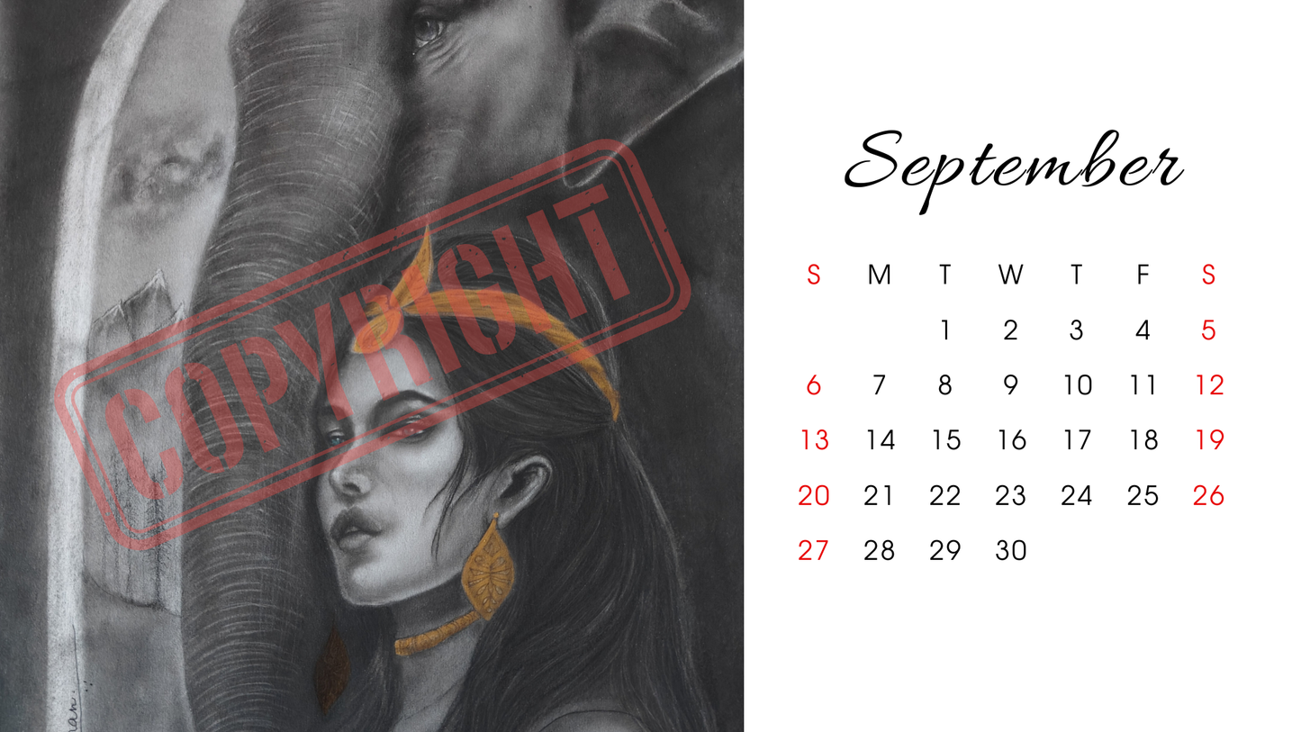 Printable Desk Calendar: Charcoal original artwork