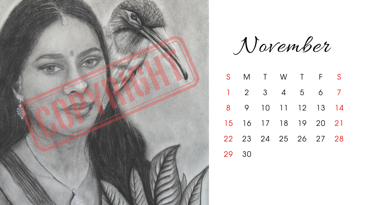 Printable Desk Calendar: Charcoal original artwork