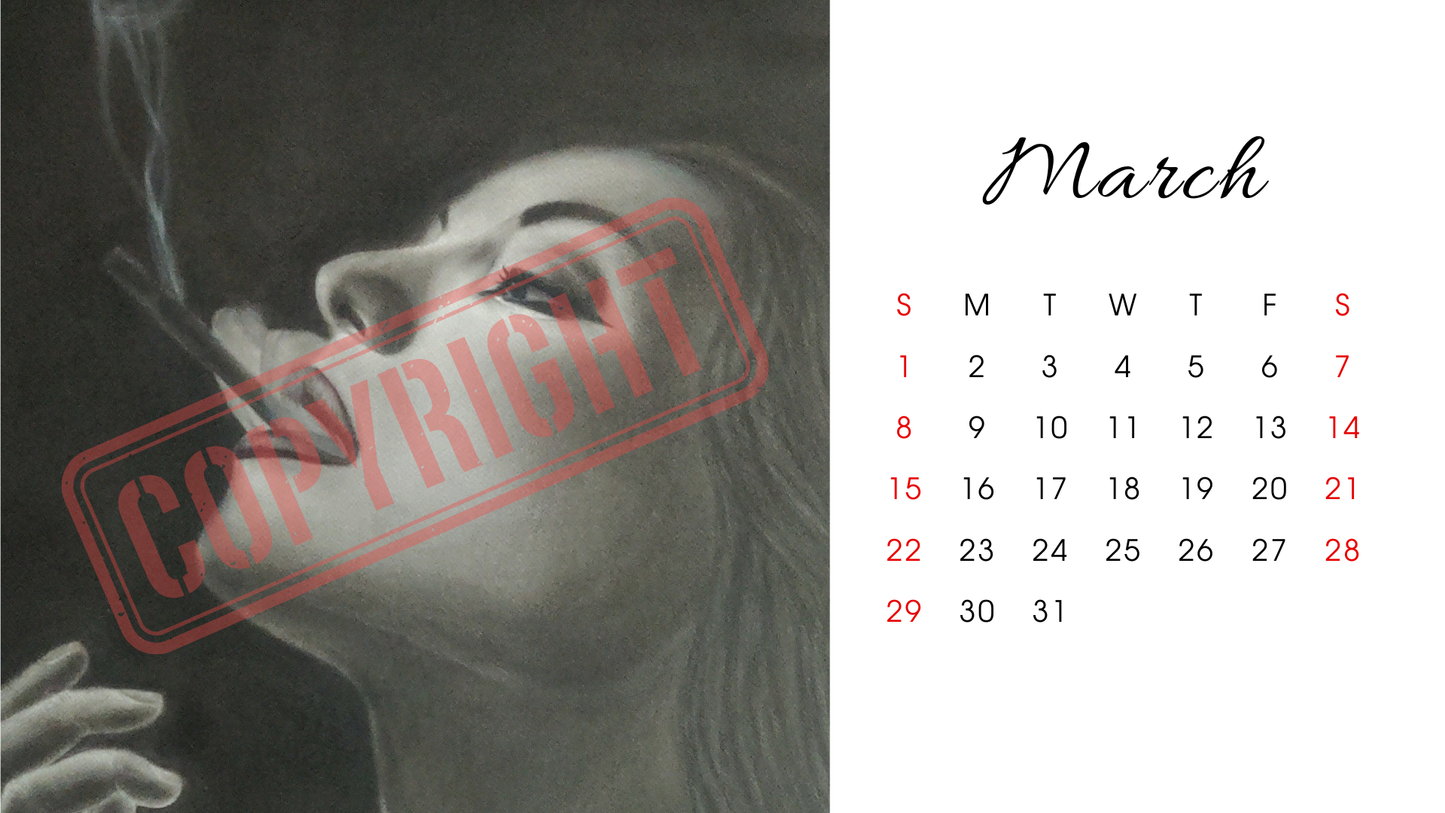Printable Desk Calendar: Charcoal original artwork