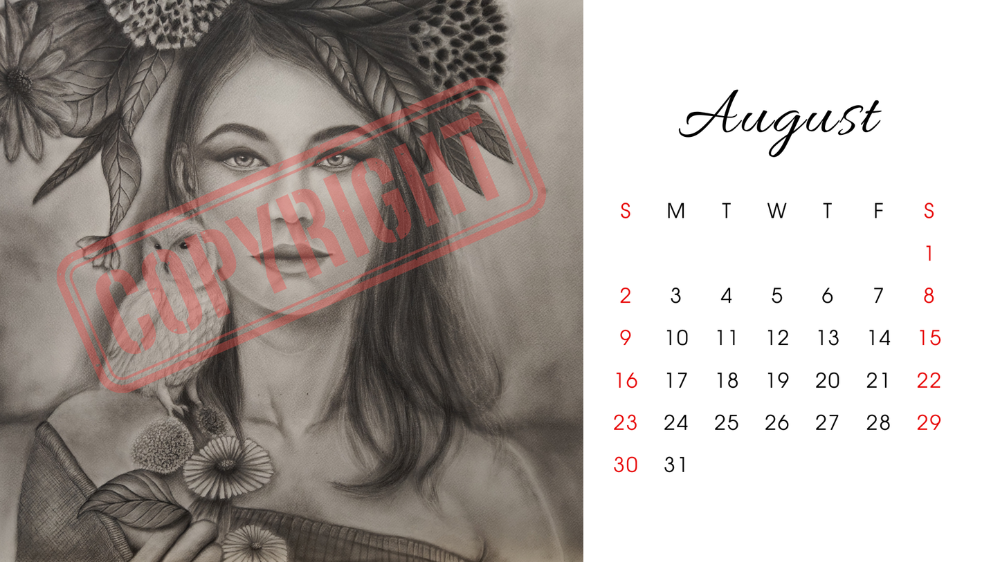Printable Desk Calendar: Charcoal original artwork